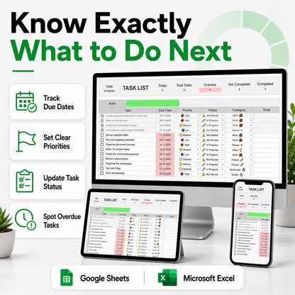 Task Tracker Spreadsheet – Get Organized, Prioritize What Matters & Finish More